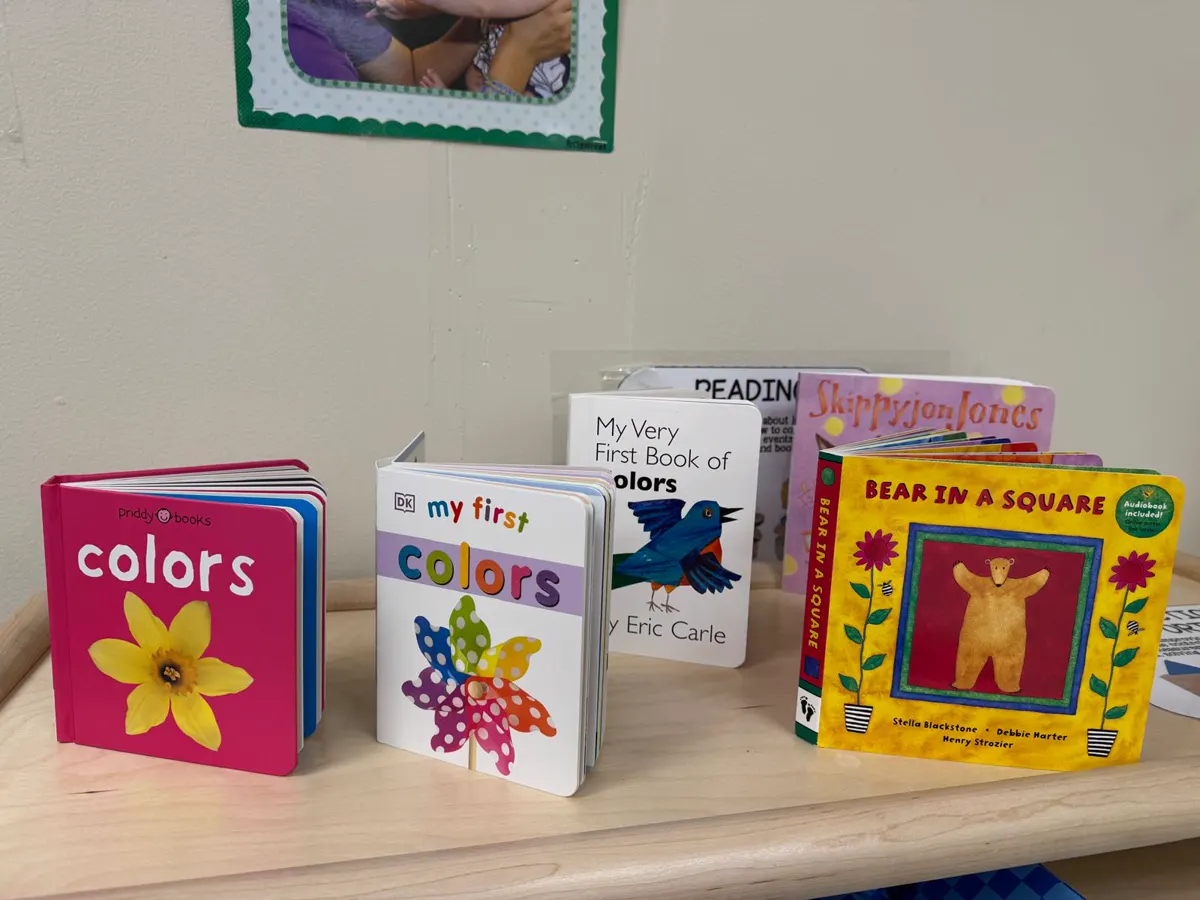 Board books about colors and shapes on a classroom shelf